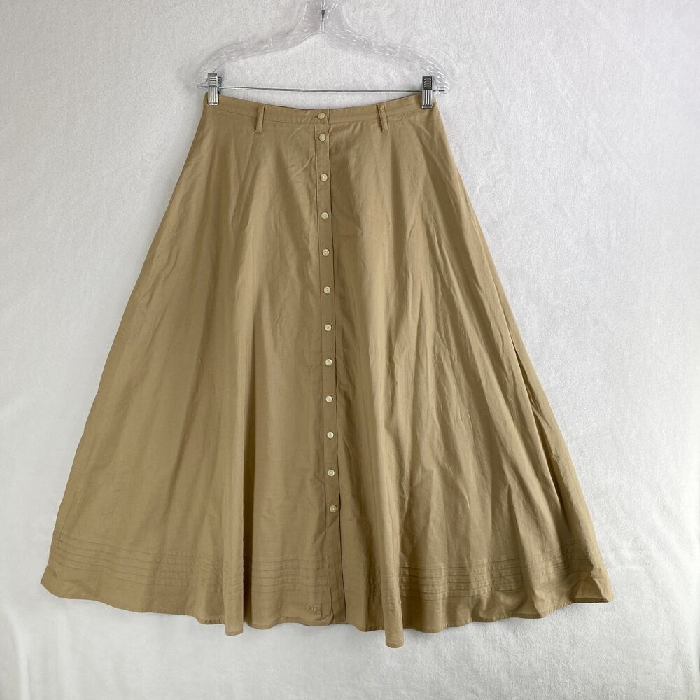 Lauren Ralph Lauren Button Front Pintuck Hem A-Line Flare Skirt Size 10P Tan